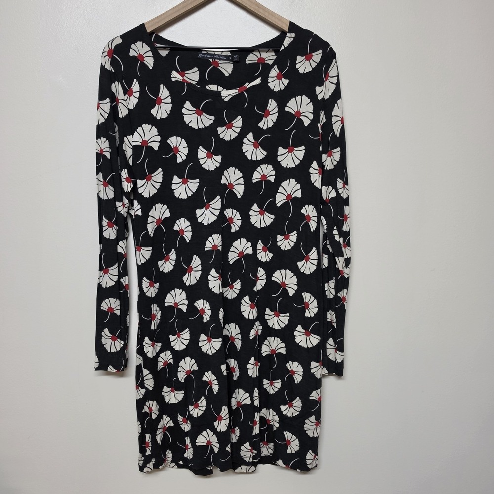 GUDRUN SJODEN Black Floral Relaxed Long Sleeve Blouson Midi Dress Size M - Picture 1 of 8
